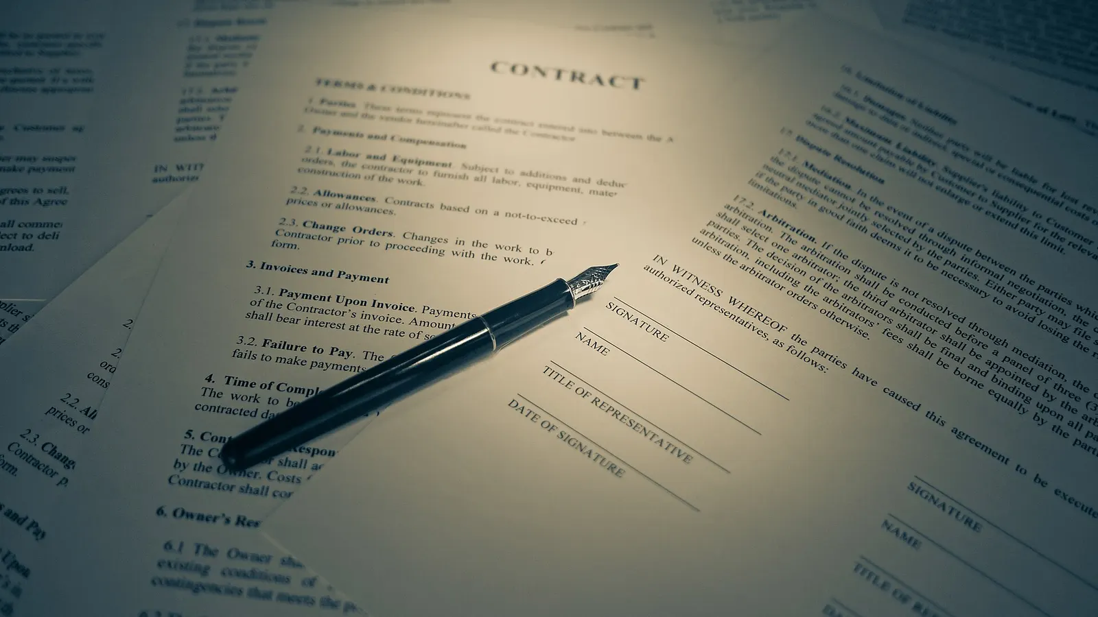 Documents de contrat étalés sur une table avec un stylo posé à côté des lignes de signature